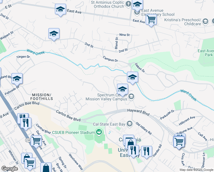 map of restaurants, bars, coffee shops, grocery stores, and more near 25340 Morse Court in Hayward