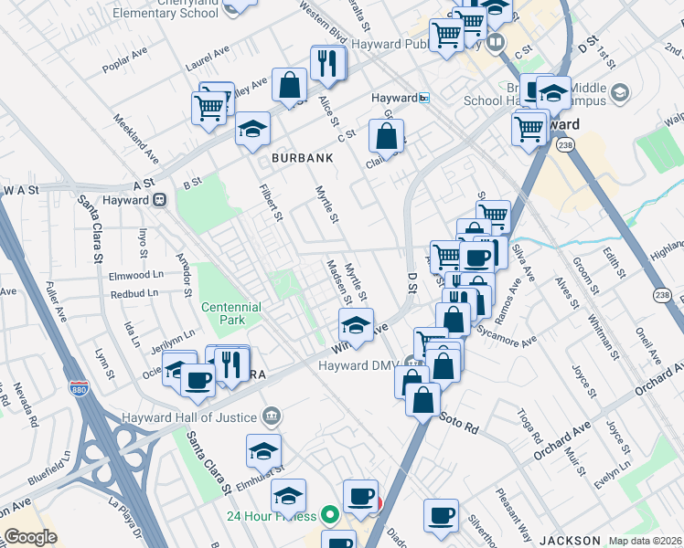 map of restaurants, bars, coffee shops, grocery stores, and more near 3088 Madsen Street in Hayward