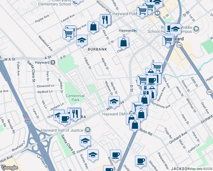 map of restaurants, bars, coffee shops, grocery stores, and more near 3088 Madsen Street in Hayward