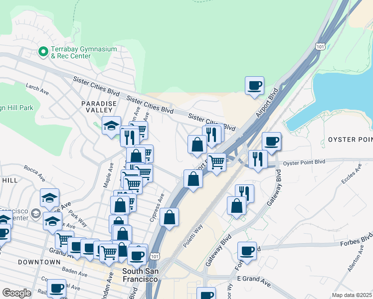 map of restaurants, bars, coffee shops, grocery stores, and more near 136 Pecks Lane in South San Francisco