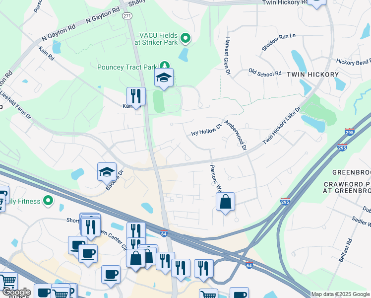 map of restaurants, bars, coffee shops, grocery stores, and more near 5245 Turning Branch Way in Glen Allen
