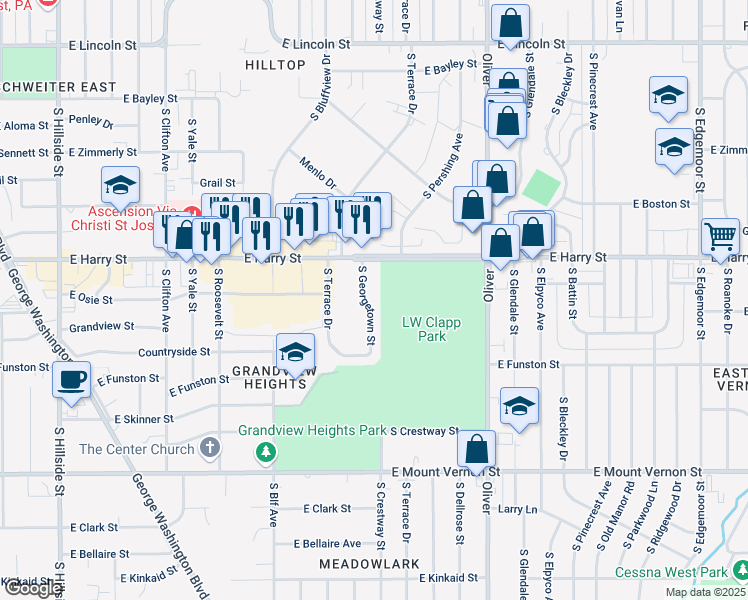 map of restaurants, bars, coffee shops, grocery stores, and more near 1650 South Georgetown Street in Wichita