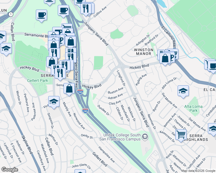 map of restaurants, bars, coffee shops, grocery stores, and more near 128 Dundee Drive in South San Francisco