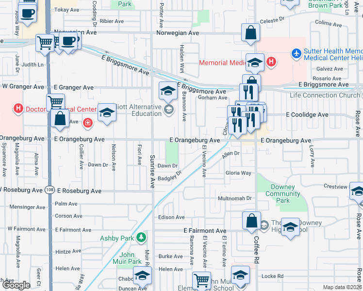 map of restaurants, bars, coffee shops, grocery stores, and more near 1358 Sarah Avenue in Modesto
