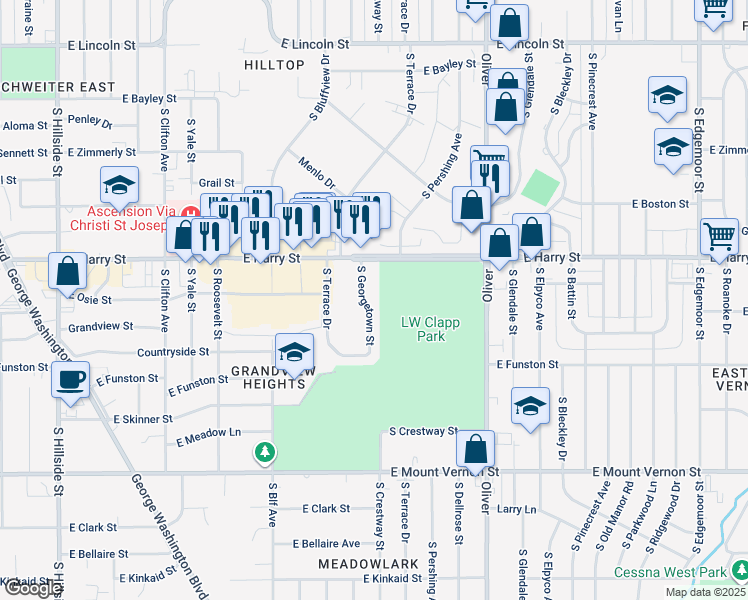 map of restaurants, bars, coffee shops, grocery stores, and more near 1650 South Georgetown Street in Wichita