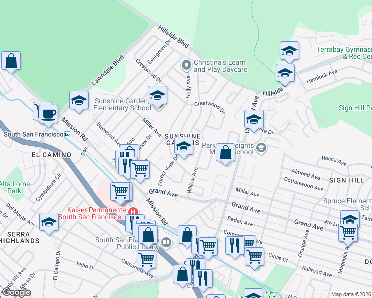 map of restaurants, bars, coffee shops, grocery stores, and more near 322 Forest View Drive in South San Francisco