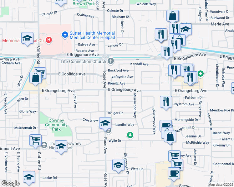 map of restaurants, bars, coffee shops, grocery stores, and more near 1825 Rossmoor Way in Modesto
