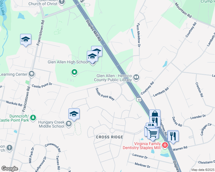 map of restaurants, bars, coffee shops, grocery stores, and more near 5117 Topping Lane in Glen Allen