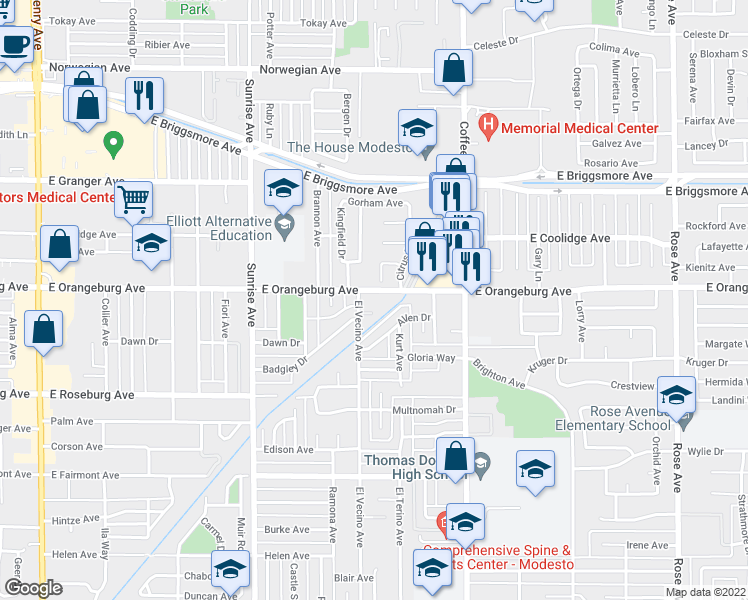 map of restaurants, bars, coffee shops, grocery stores, and more near 1100 East Orangeburg Avenue in Modesto