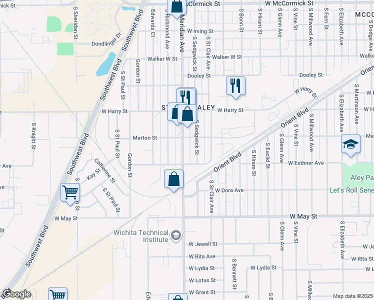 map of restaurants, bars, coffee shops, grocery stores, and more near 1722 South Meridian Avenue in Wichita