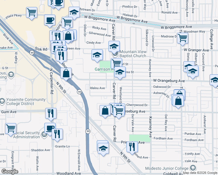 map of restaurants, bars, coffee shops, grocery stores, and more near 1334 Grape Avenue in Modesto