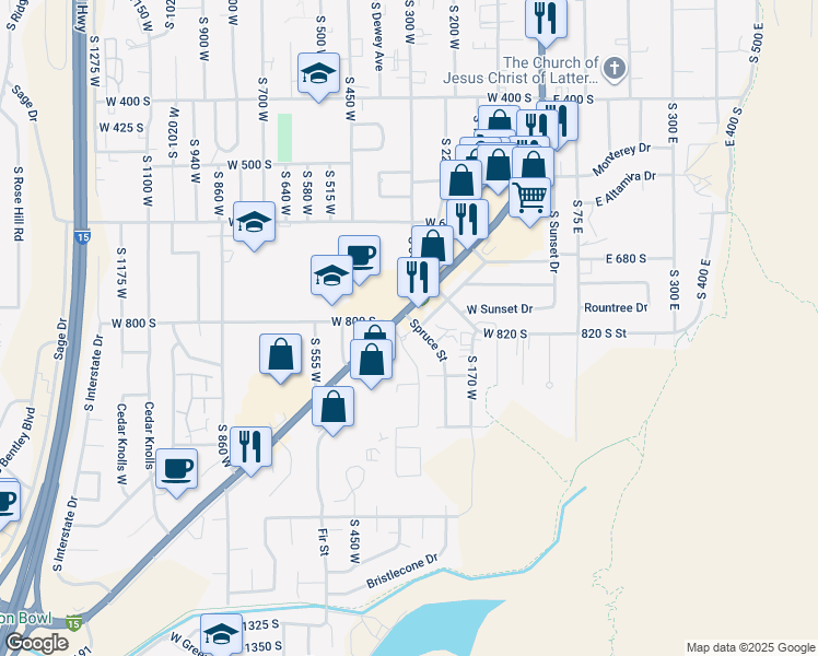 map of restaurants, bars, coffee shops, grocery stores, and more near 797 South Main Street in Cedar City