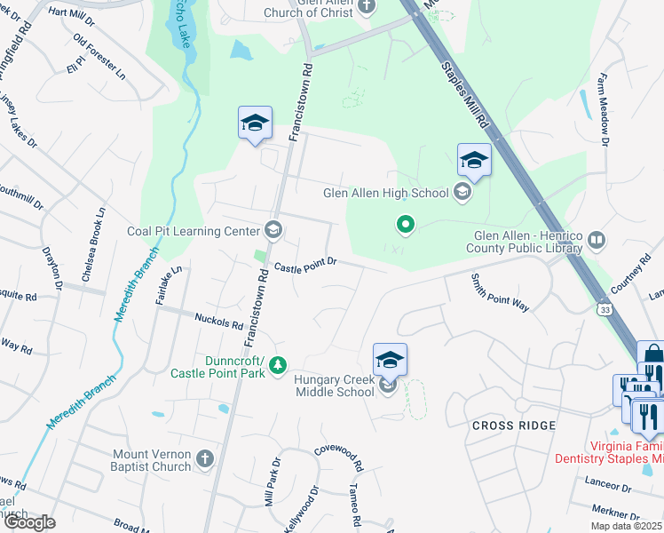 map of restaurants, bars, coffee shops, grocery stores, and more near 8951 Castle Point Drive in Glen Allen