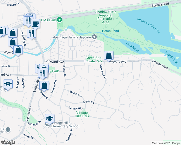 map of restaurants, bars, coffee shops, grocery stores, and more near 650 Orofino Court in Pleasanton