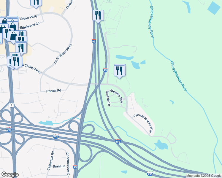 map of restaurants, bars, coffee shops, grocery stores, and more near 950 Masters Row in Glen Allen