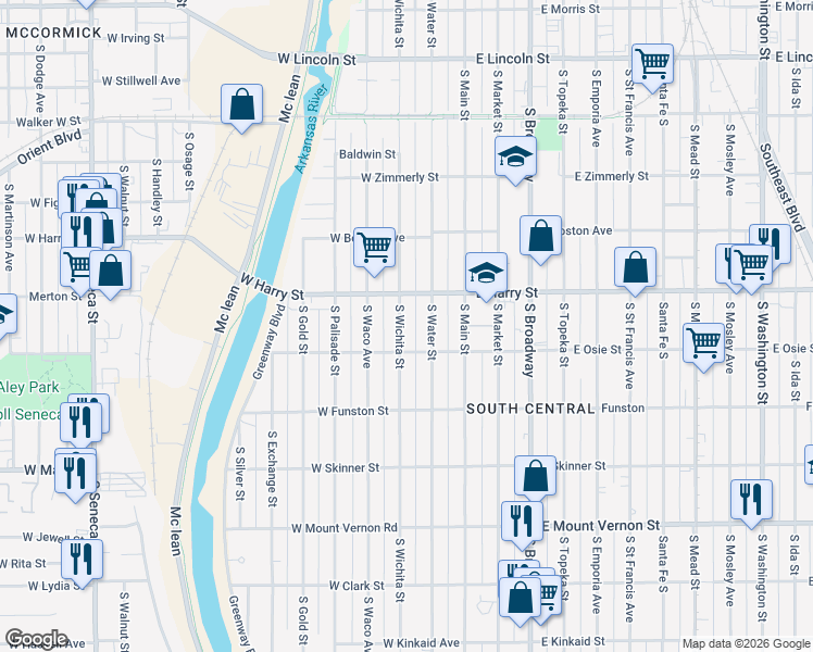 map of restaurants, bars, coffee shops, grocery stores, and more near 1615 South Wichita Street in Wichita