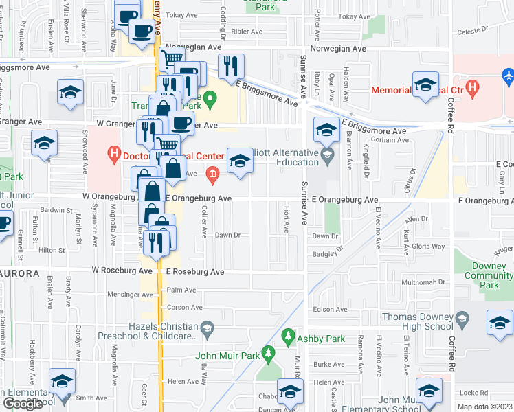 map of restaurants, bars, coffee shops, grocery stores, and more near 400 East Orangeburg Avenue in Modesto