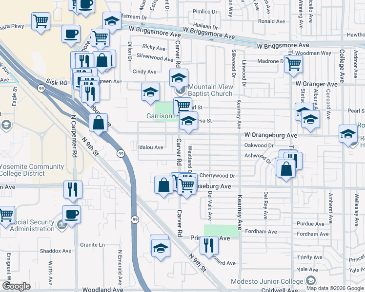 map of restaurants, bars, coffee shops, grocery stores, and more near 1633 Oakwood Drive in Modesto