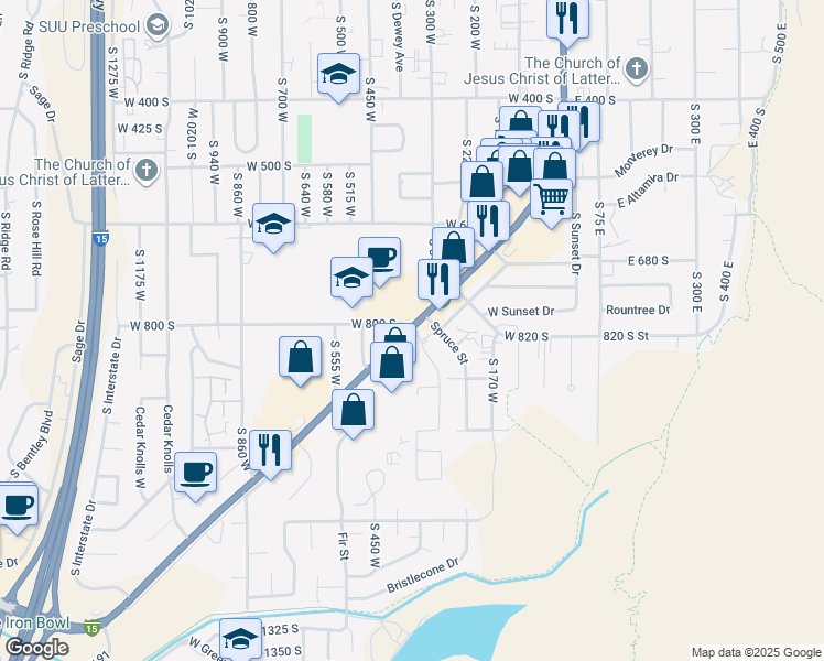 map of restaurants, bars, coffee shops, grocery stores, and more near 800 South Main Street in Cedar City