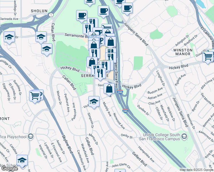 map of restaurants, bars, coffee shops, grocery stores, and more near 455 Hickey Boulevard in Daly City