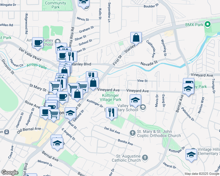 map of restaurants, bars, coffee shops, grocery stores, and more near 4059 Vineyard Avenue in Pleasanton