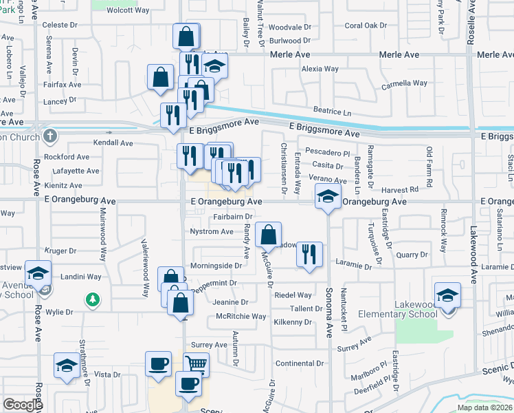 map of restaurants, bars, coffee shops, grocery stores, and more near 2403 East Orangeburg Avenue in Modesto