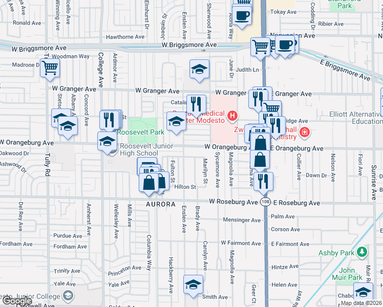 map of restaurants, bars, coffee shops, grocery stores, and more near 520 West Orangeburg Avenue in Modesto