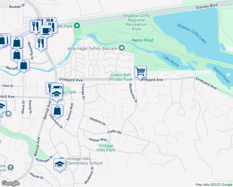 map of restaurants, bars, coffee shops, grocery stores, and more near 650 Orofino Court in Pleasanton
