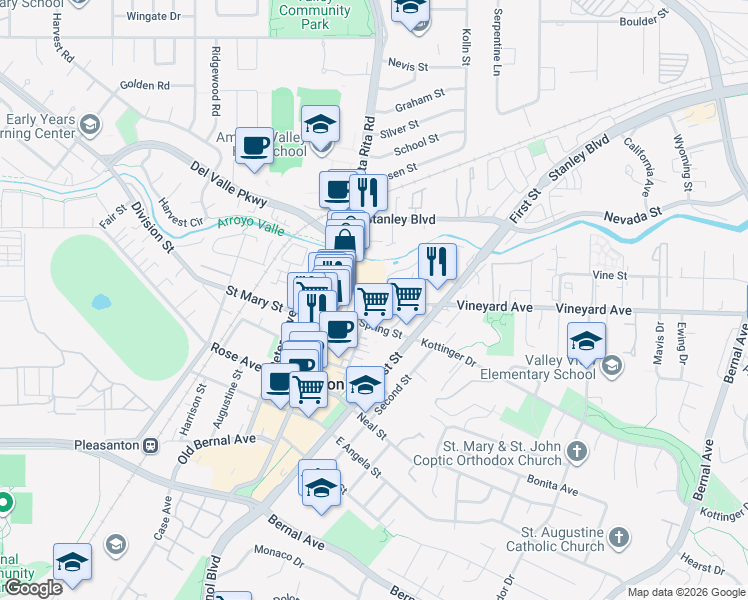 map of restaurants, bars, coffee shops, grocery stores, and more near 312 Ray Street in Pleasanton