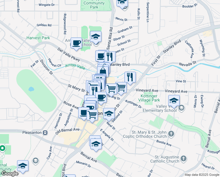map of restaurants, bars, coffee shops, grocery stores, and more near 312 Ray Street in Pleasanton
