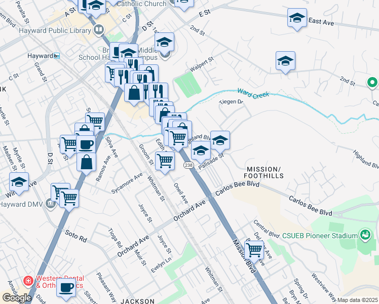 map of restaurants, bars, coffee shops, grocery stores, and more near 24518 Mission Boulevard in Hayward
