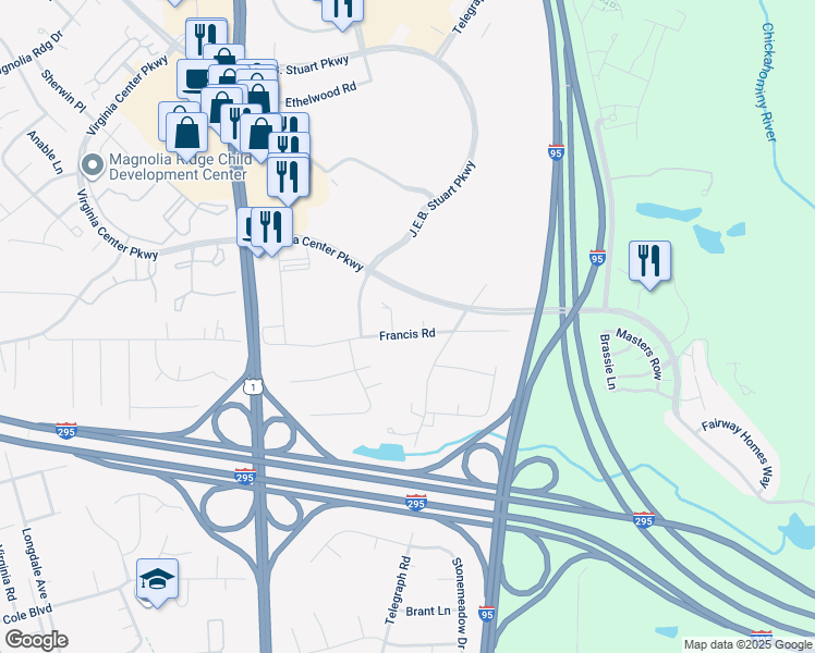 map of restaurants, bars, coffee shops, grocery stores, and more near 816 Francis Road in Glen Allen