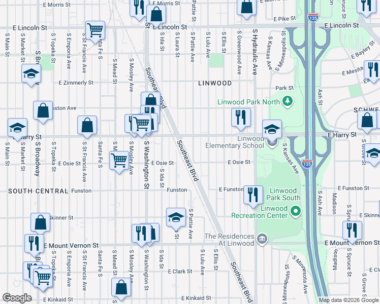 map of restaurants, bars, coffee shops, grocery stores, and more near 1612-1666 Southeast Boulevard in Wichita