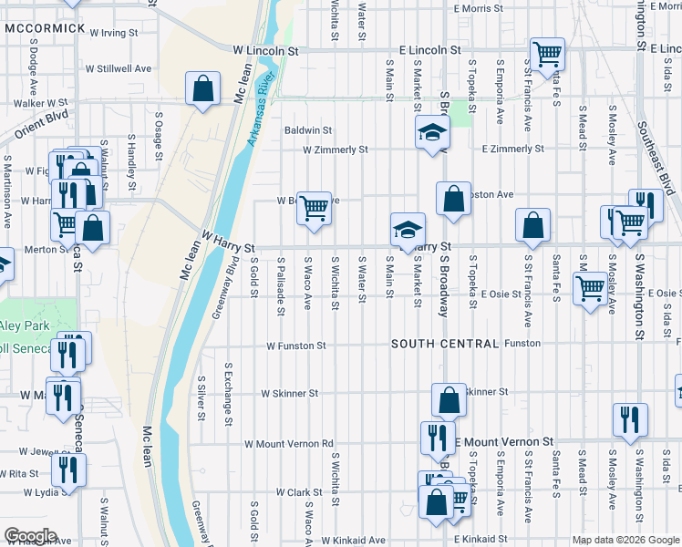 map of restaurants, bars, coffee shops, grocery stores, and more near 1615 South Wichita Street in Wichita