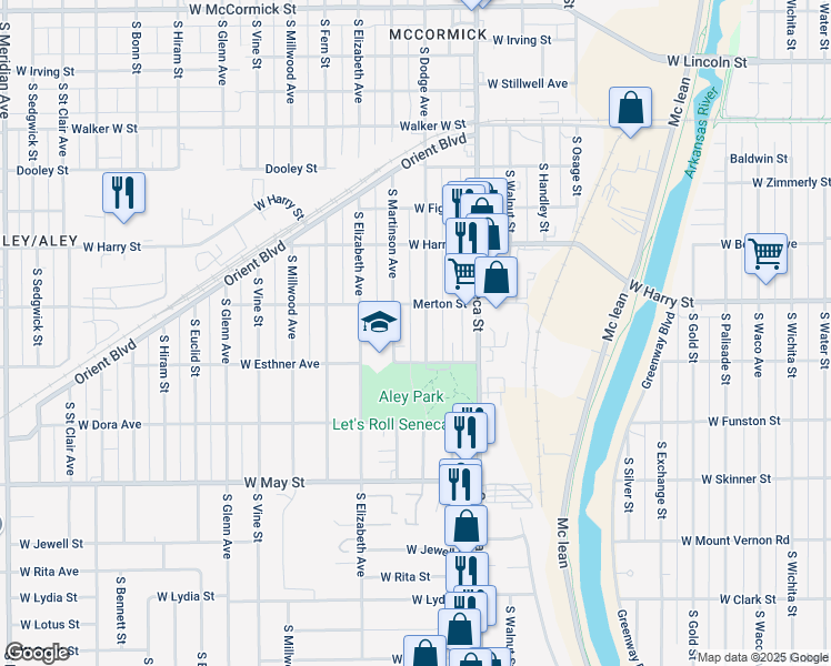 map of restaurants, bars, coffee shops, grocery stores, and more near 1720 South Dodge Avenue in Wichita
