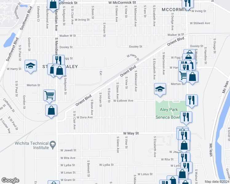 map of restaurants, bars, coffee shops, grocery stores, and more near 1720 South Euclid Street in Wichita