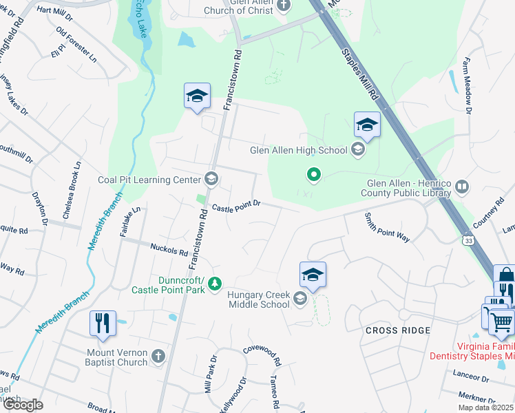 map of restaurants, bars, coffee shops, grocery stores, and more near 8951 Castle Point Drive in Glen Allen
