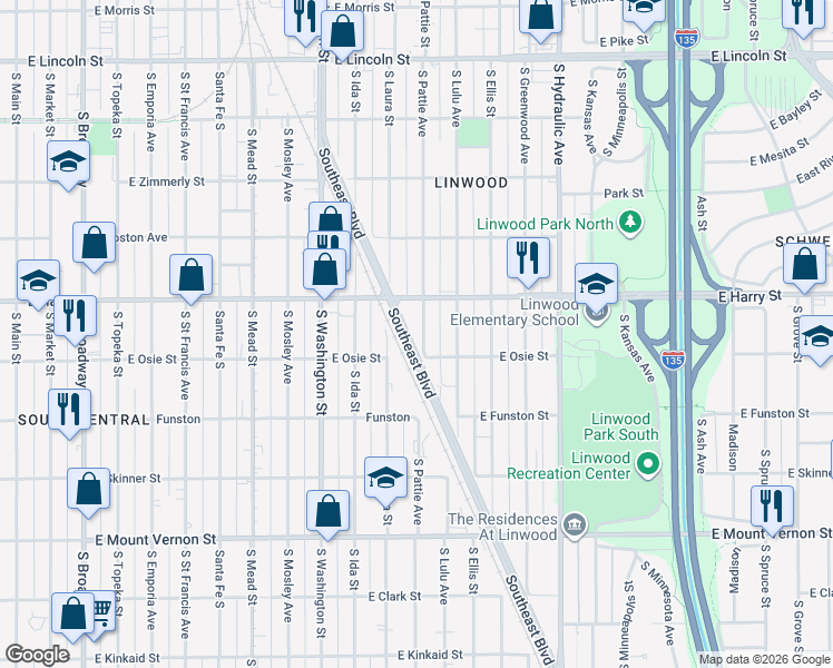 map of restaurants, bars, coffee shops, grocery stores, and more near 1612-1666 Southeast Boulevard in Wichita