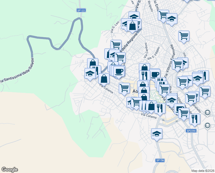 map of restaurants, bars, coffee shops, grocery stores, and more near 38 Via Brancato in Adrano