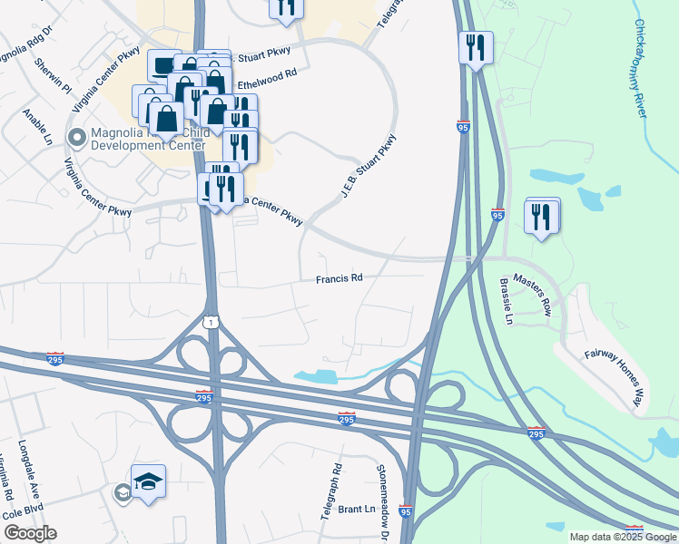 map of restaurants, bars, coffee shops, grocery stores, and more near 816 Francis Road in Glen Allen