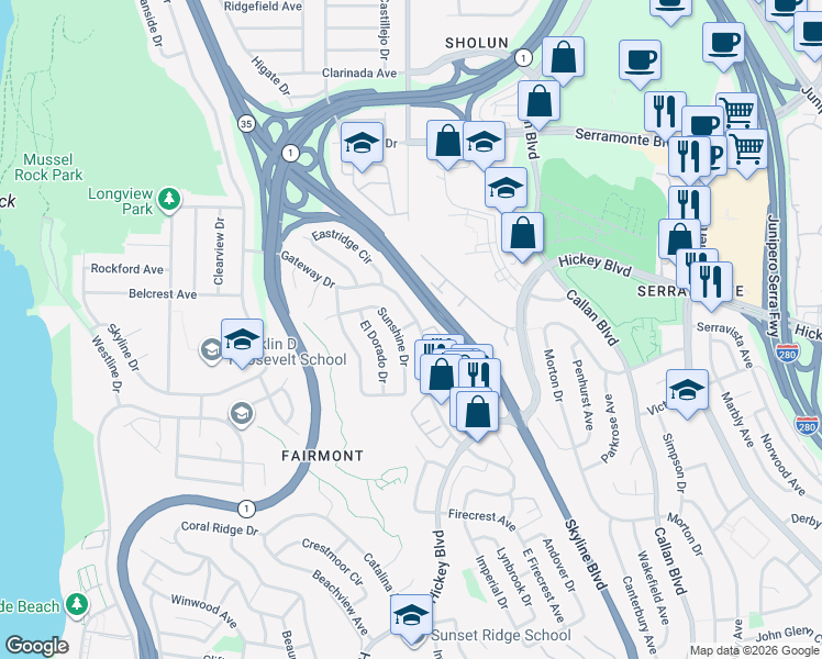 map of restaurants, bars, coffee shops, grocery stores, and more near 210 Springdale Drive in Pacifica