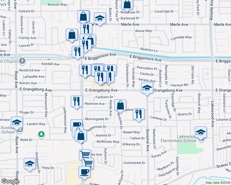 map of restaurants, bars, coffee shops, grocery stores, and more near 2403 East Orangeburg Avenue in Modesto