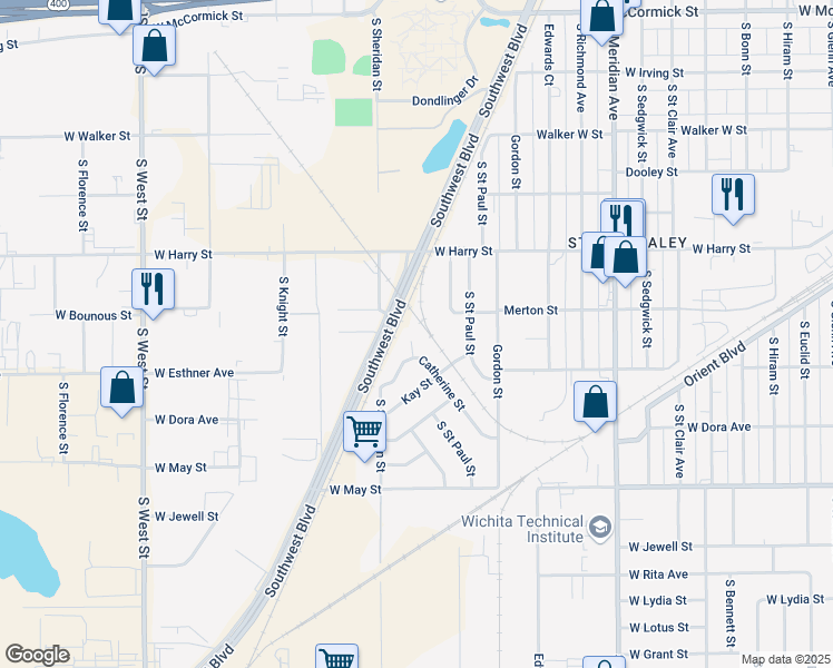 map of restaurants, bars, coffee shops, grocery stores, and more near 1722 Catherine Street in Wichita