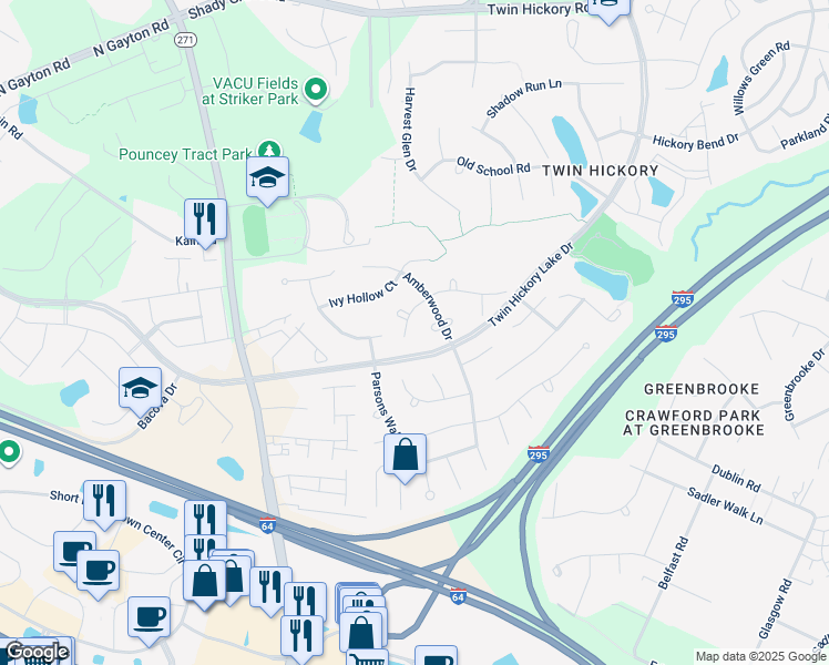 map of restaurants, bars, coffee shops, grocery stores, and more near 12021 Amberwood Lane in Glen Allen