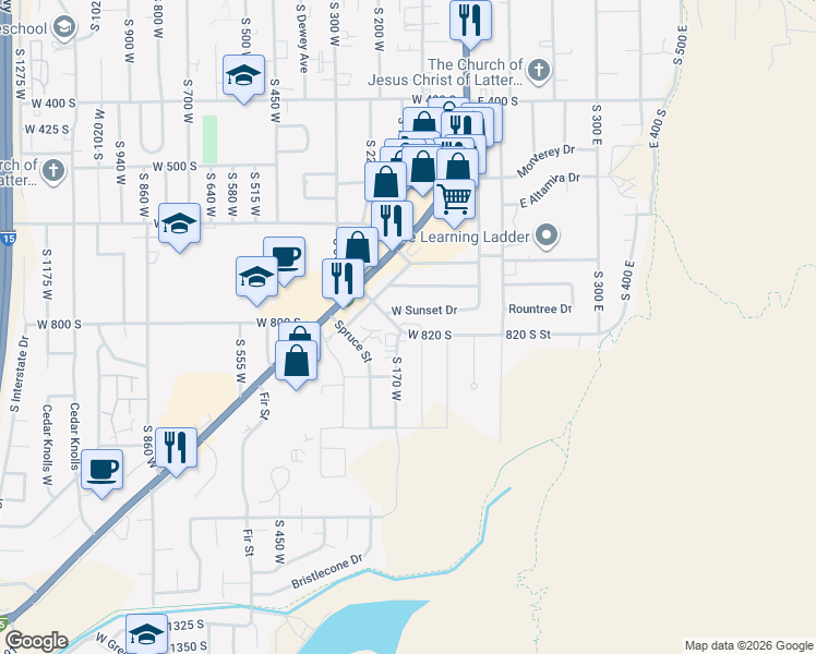 map of restaurants, bars, coffee shops, grocery stores, and more near 156 West 820 South in Cedar City