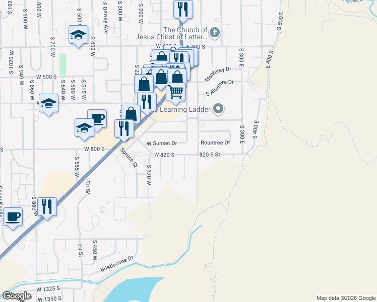 map of restaurants, bars, coffee shops, grocery stores, and more near 43 East 820 South in Cedar City