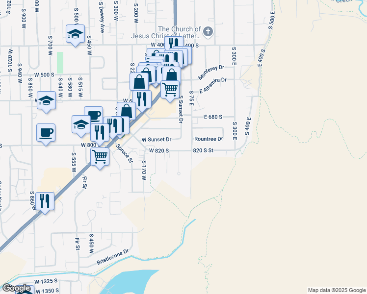 map of restaurants, bars, coffee shops, grocery stores, and more near 43 East 820 South in Cedar City