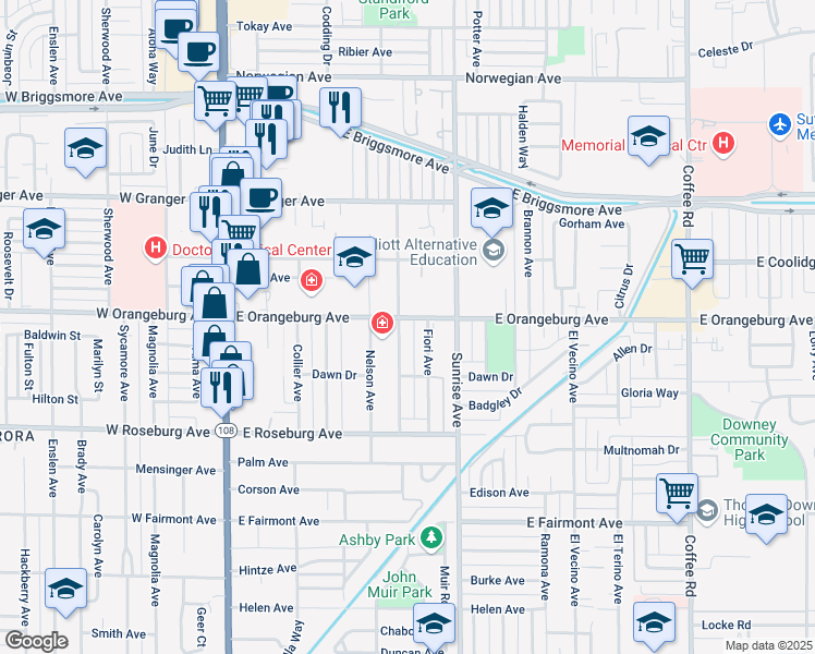 map of restaurants, bars, coffee shops, grocery stores, and more near 1346 Melrose Avenue in Modesto