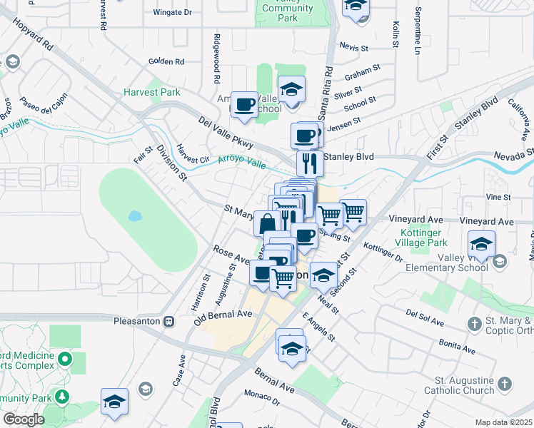 map of restaurants, bars, coffee shops, grocery stores, and more near 417 Saint Mary Street in Pleasanton
