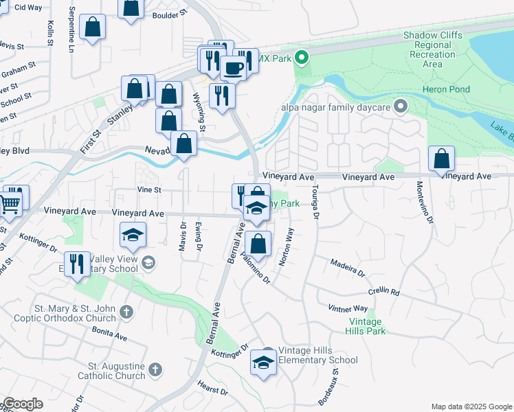 map of restaurants, bars, coffee shops, grocery stores, and more near 3468 Smoketree Commons Drive in Pleasanton